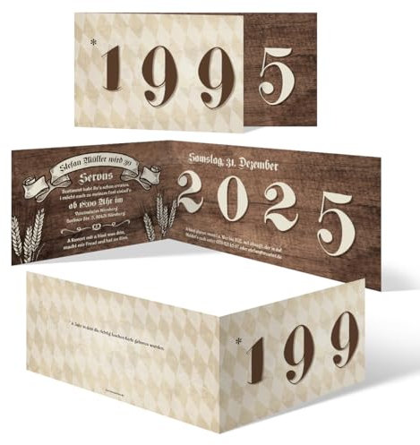 10-100x Individuelle 30. Geburtstag 2026 Einladungskarten Klappkarten DIN Lang (210x98mm) - Bayerisches Holz