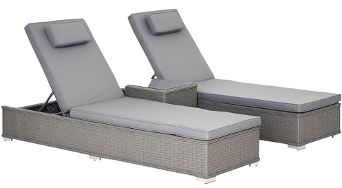 Outsunny 3 Pieces Rattan Sun Lounger Set with Aluminium Frame, 5-Position Adjustable Reclining Garden Chairs and Glass Top Table, Wicker Garden Furniture Daybed with Cushions for Patio, Grey