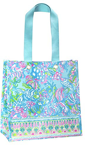 Lilly Pulitzer Blue/Green Market Shopper Bag, Reusable Grocery Tote with Comfortable Shoulder Straps, Aqua La Vista
