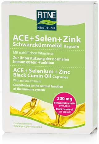 FITNE ACE + Selen + Zink Schwarzkümmelöl Kapseln, mit natürlichen Vitaminen, zur Unterstützung des Immunsystems und der Zellen, für mehr Vitalität (60 Kapseln) | Zink: Zellschutz. Selen: normale Haare