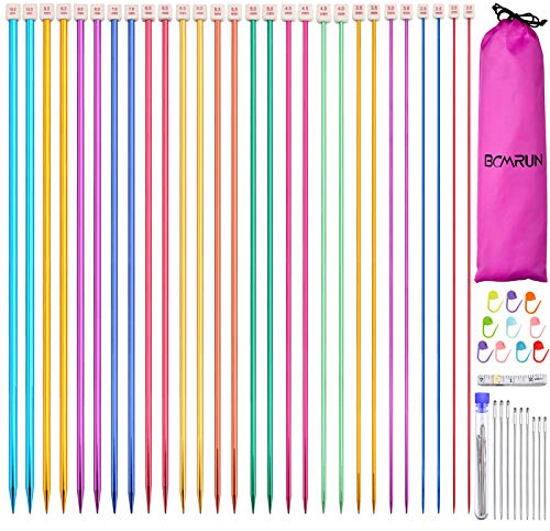 BCMRUN 28pcs/14 Pairs Stainless Steel Single Knitting Needles, Straight and Colorful, 14 Sizes 2-10mm, Length 35cm for Handmade Knitting