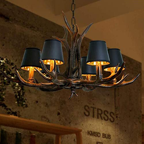 Vintage Pendelleuchte Kronleuchter Hängeleuchte Esstisch Resin Und Schwarzer Stoff Lampenschirm E14×6 Leuchte Deckenlampe Geweih Hängelampe Retro Beleuchtung Wohnzimmer[Energieklasse A++]