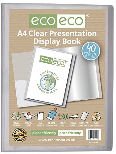 eco-eco eco098 Präsentationsbuch, A4, 50% recycelt, 40 Taschen, transparent, Aufbewahrungsbox, Portfolio, Kunstmappe mit Kunststoffhüllen, A4