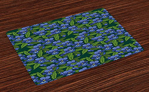 ABAKUHAUS Stiefmütterchen Platzmatten, Top View Blüten und Blätter, Tischdeco aus Farbfesten Stoff für das Esszimmer und Küch, Ceil Blau Grün Smaragd