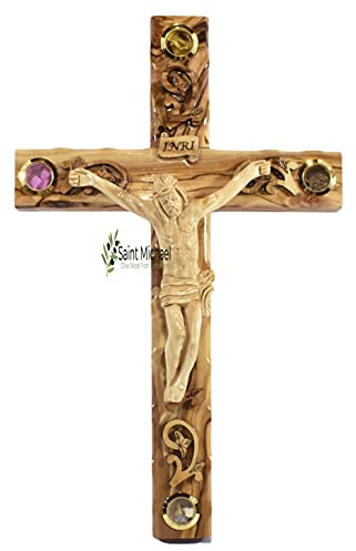 Großes Wandkreuz Katholisches Kruzifix 35,6 cm aus hochwertigem Olivenholz im Heiligen Land – 4 Gläser verziert mit Weihrauch, Blumen, Steinen und Olivenblatt