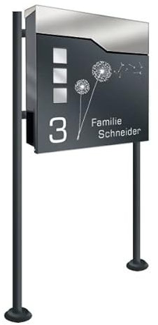 Zalafino Briefkasten in Anthrazit mit Standfuß und Beschriftung – Freistehender Design-Briefkasten aus Stahl mit Zeitungsrolle und Sichtfenstern