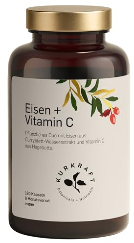 Natürliches Eisen + Vitamin C - 180 Kapseln - Curryblatt Wasserextrakt & Hagebutte - 14-28mg Eisen je Kapsel - 3-6 Monatsvorrat- Laborgeprüft - in Deutschland produziert