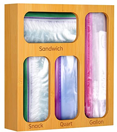 SJDWDX Bamboo Ziplock Bag Storage Organizer for Drawer, Food Storage Bag Organizer Compatible with Gallon, Quart, Sandwich, Snack Variety Size Ziplock Bags