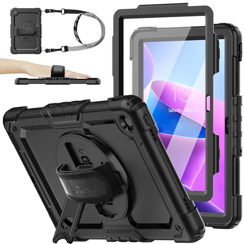 SEYMAC stock Hülle für Lenovo Tab M10 Plus 3rd Gen 10,6 Zoll 2022 TB-125F/128F, Stoßfeste Hülle mit Displayschutzfolie, 360° Drehbarer Ständer/Handschlaufe, Schultergurt und Stifthalter, Schwarz