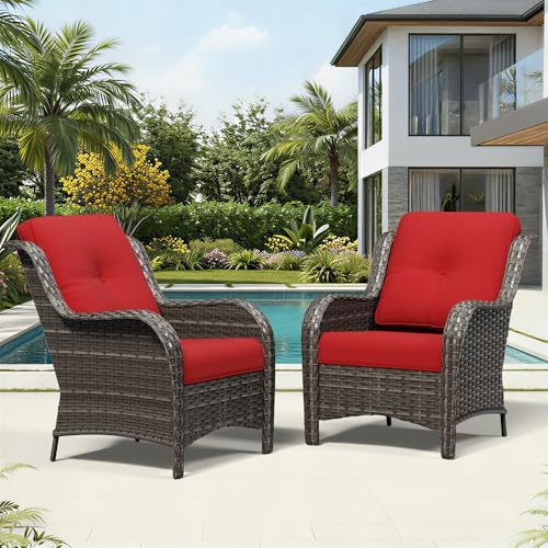 Joyside Patio Chairs Set of 2, Wicker Patio Furniture with High Back, Deep Seating, Wide Armrest, Thickened Cushions, Outdoor Rattan Furniture for Deck, Porch Use