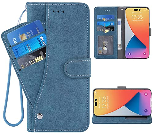 ELISORLI Compatible with iPhone 14 Pro 6.1 inch Wallet Case and Wrist Strap Lanyard Leather Flip Card Holder Stand Cell Phone Cover for iPhone14Pro 5G i i-Phone i14 iPhone14 14Pro Women Men-Blue
