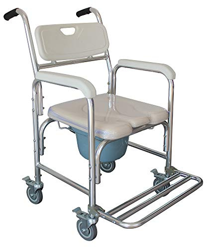 Winado Bedside Commode Chair, 4 in 1 Toilet Rolling Transport Chair with Arms & 4 Brakes, Shower Wheelchair for Adults, Senior, Elderly, Handicap, Disabled (White+ U Shape Cushion)