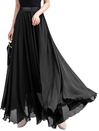 ORANDESIGNE Jupe Longue Plissée en Mousseline de Soie Chic et Elegant Trapèze Taille Haute Tulle Fluide Élastique Décontracté Maxi Soirée Skirt