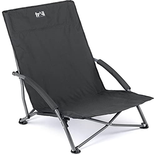 trail outdoor leisure Low Folding Beach Chair, Lightweight Portable Camping Festival Picnic Lounger Seat, Padded Armrests, Carry Bag with Strap (Black)