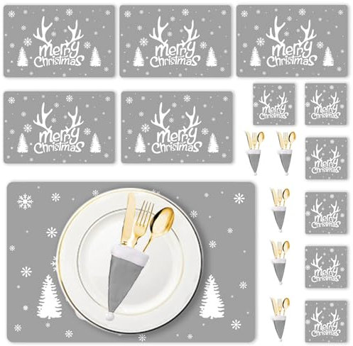 Christmas Table Decoration - 18Pcs Christmas Placemats Coasters Cutlery set, Christmas Placemats Sets, Christmas Table Mats, Home Table Mats, Washable Heat Proof Table Mats