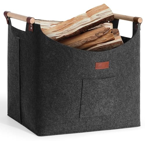 XL Holzkorb für Kaminholz, Kaminholzkorb Aus Extra Dickem Filz, Faltbarer Holzkorb für Kaminholz, Filzkorb zur Aufbewahrung von Brennholz, Zeitschriften und Schmutzwäsche (Dunkelgrau)