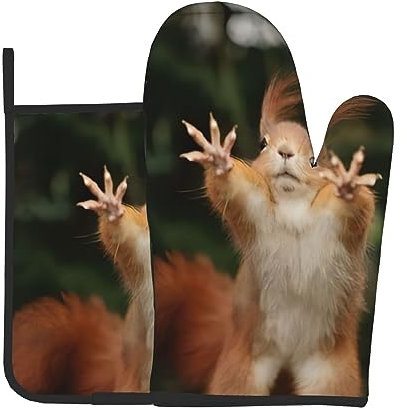 Opsrey Set di 2 guanti da cucina riutilizzabili con motivo di scoiattolo, con stampa di animali divertenti, guanti da forno e presine