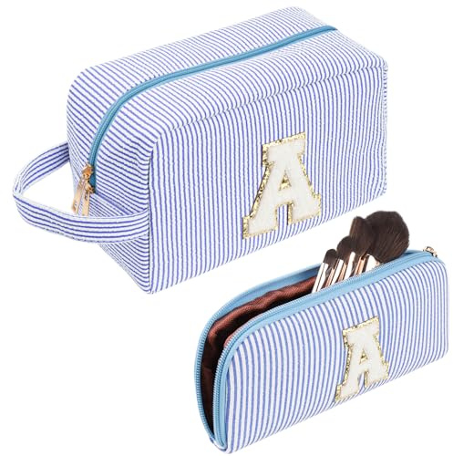 Kosmetiktasche Reise,Make up Tasche,Niedliche Initialen Cord Blau Kosmetiktasche, Geschenk für Frauen, Freundinnen, Beste Freunde mit Kleinen Kosmetiktasche(A)