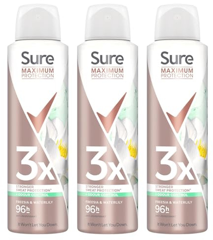 Sure Antiperspirant Freesia & Water Lily 96H Nonstop Sweat and Odour Protection Alcohol-Free Body Spray with Light and Fresh Scent Deodorant for Women, 150ml Pack of 3