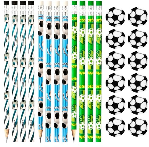 RUIJIE Fußball Bleistift und Fußball Radiergummis 24 Stücke, Mitgebsel Fussball Deko Geburtstag Kinder, Bleistift mit Radiergummi für Geburtstagsfeier, Belohnungen, Schüler, Lehrer, Kindergeburtstag