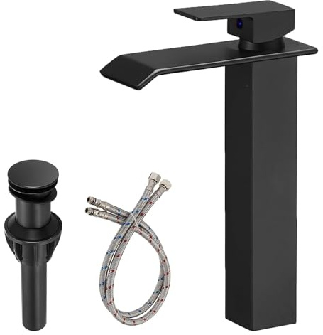 RUITHOE Black Bathroom Vessel Sink Faucet, Waterfall Bathroom Faucet, Vessel Faucet, Tall Body High 1 Hole Single Handle with Pop Up Drain Combo Lavatory Vanity Mixer Tap Commercial Basin Bowl Sink
