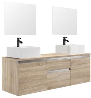 Vente-unique-Waschbeckenunterschrank mit Doppelwaschbecken und Spiegeln - Eichefarben - 150 cm - Jimena II