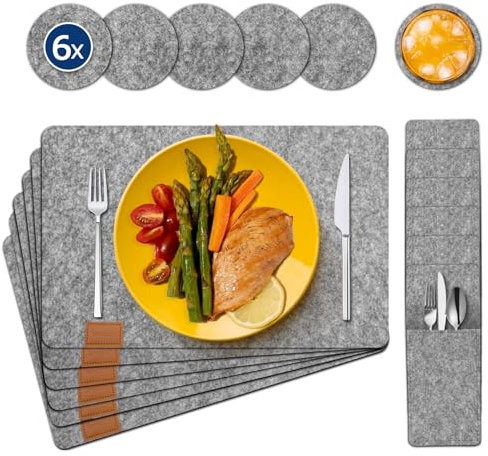 teeppo Temperaturbeständige Rutschfest Tischsets 18er Set - Platzsets Abwaschbar mit Geschirrtasche und Untersetzer-Set aus Filz