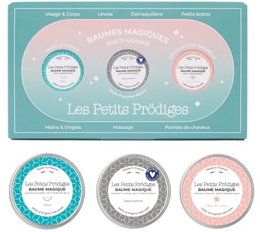 LES PETITS PRODIGES Coffret Cadeau Découverte - 3 Baumes magiques 10ml - Soins Nourrissants Corps, Visage, Lèvres et Cheveux - 100% Naturel - Fabriqué en France - Tout Type de Peau