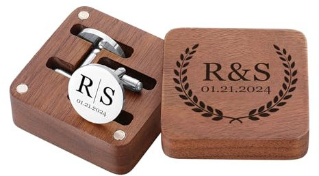 MeMeDIY Gemelli e Fermacravatta Personalizzati con Scatola di Legno Incisa con Nome Testo Iniziale Data Gemelli da Matrimonio per Polsini Camicia Regalo per Uomo/Sposo/Papà B1