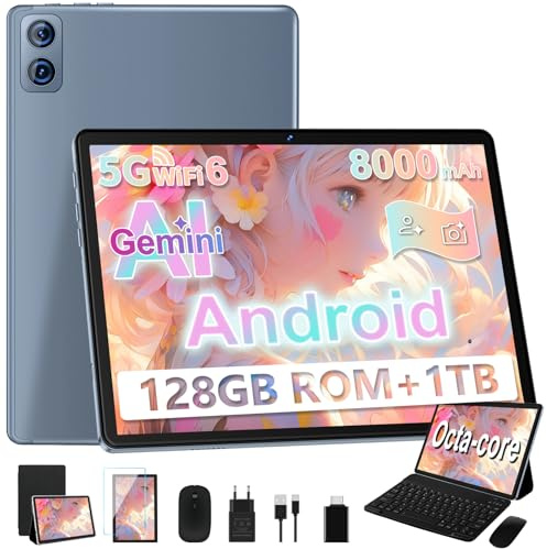 Dghrti Tablette Tactile 10.1 Android -22 Go RAM / 128 Go ROM (TF 1To), 8 cœurs, 8000 mAh, WiFi 5G/2.4G, Double caméra 5+8 MP - Widevine L1 avec Clavier et Souris - Gris