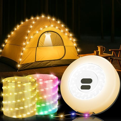 32.8FT Camping LED Lichterkette Aufrollbar - 4-in-1 Tragbare Wiederaufladbare mit 9 Beleuchtungsmodi, USB Wasserdichte für Zelt, Camping, Hof Dekor