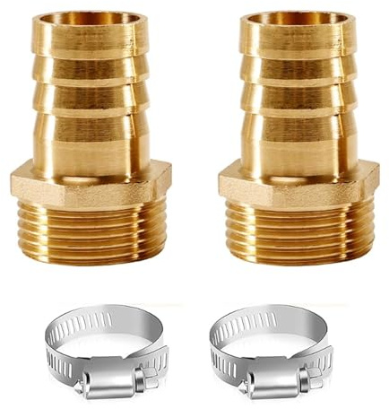 Wjelet 2 Stück 3/4 Zoll Schlauchtülle, Messing Schlauchverschraubung, AG x 25mm Tülle für 25 mm Innenschläuche, Außengewinde Stecker Adapter mit 2 Schlauchschellen