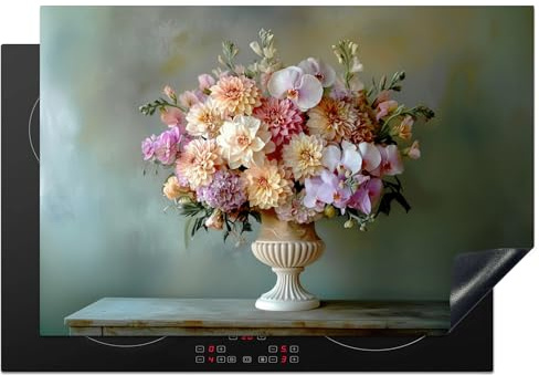 KitchenYeah© Herdabdeckplatte 76x51 cm Einteilig Ceranfeld Abdeckplatte Küche Deko Ceranfeldabdeckung Herdabdeckung Induktionsmatte Orchidee - Blumenstrauß - Vase - Blumen