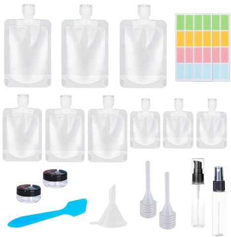 Botes Viaje Rellenables 19 Piezas, Kit Viaje Avion 30/50/100 ml, Recargables Vacías Squeeze, A Prueba de Fugas, Tarros de Cosméticos y Botellas Dispensadoras de Bomba, Accesorio de Viaje, sin BPA