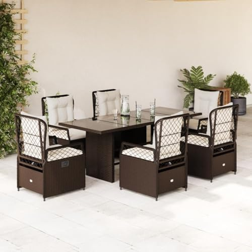IKAYAA Gartenmöbel Set 6 Verstellbare Hochlehner Stühlen mit Tisch Garten sitzgruppe 6 Personen Polyrattan Gartenmöbel Sitzgruppe Gartengarnitur mit Kissen-Braun-7-tlg