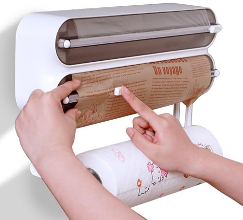 3-in-1 Frischhaltefolienspender Folienschneider, Magnetisch Alufolienspender und Frischhalte, küchenrollenhalter magnetisch, Wandrollenhalter Küche mit Einem Scharfen Messer (Schwarz)