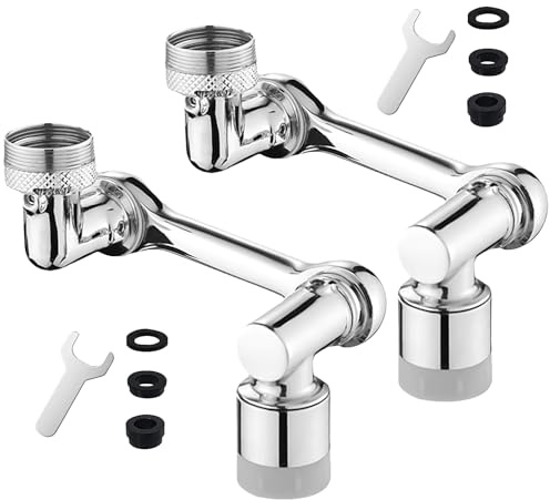 2Pcs 1440° Faucet Extender Tap Aerator Rotating 1080°+360° Robotic Arm Swivel Adapter Universal Model for Kitchen Sink Bathroom Upgrades Sink Dual Spray Modes Faucet Extension (Silver)