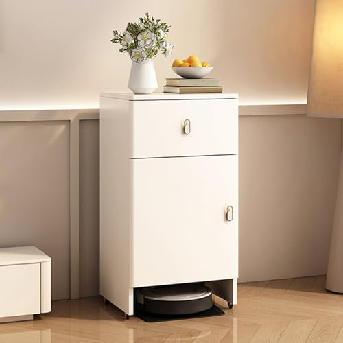 Armario para Robot Barredor Sala de Estar Armario para Robot Aspirador Mesa Auxiliar, Ahorrador de Espacio Estante para Robot Aspirador de Pie, Madera Mesilla de Noche con Cajón Profundo(White,L-60 cm