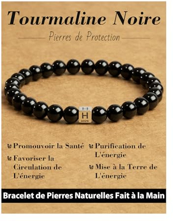Landorilo Naturstein Schwarzer Turmalin Armband,925 Sterling Silber,A-Z | 6mm Perlen, Damen Herren Buchstaben Armbänder, Heilstein Edelstein Perlenarmband, Personalisierte Geschenke, Energiekarte