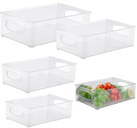wocpvm 5 Pcs Organizador Frigorífico, Transparente Almacenaje Nevera, Apilable con Asas Organizador Nevera Transparente 5 Tamaños para Cocina, Cajones, Freezer, Baño y Almacenaje Doméstico