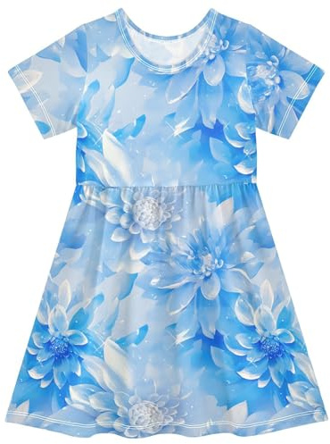 Yuiboo Robe d'été à manches courtes et volants pour bébé fille Motif fleurs de dahlia bleu, Fleurs de dahlia bleu, 7-8 Ans