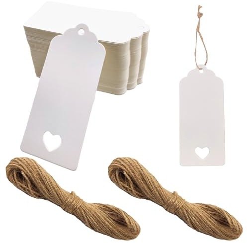 200 Stück Geschenkanhänger & Etiketten,Weiß Kraftpapier Anhänger Etiketten Craft Tags 4x9cm mit Naturjuteschnur 40M, Anhänger für Hochzeitsdekoration,Weihnachten,Geschenkverpackung,DIY-Projekte