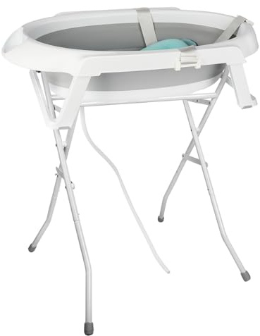 Faltbare Babybadewanne mit Standfuß – große XXL Badewanne mit Thermometerhalterung – Sitz und Abfluss-Set Babyschüssel – ideal für die Dusche von Geburt bis 3 Jahre, Grau