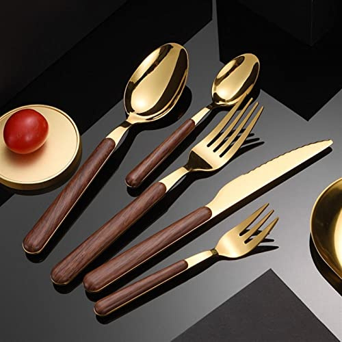 CAFIEDR Ensemble de Couverts en Acier Inoxydable, 30/20 pièces, Couverts en Acier Inoxydable doré avec Couteau, Fourchette, cuillère, Service de Table élégant en Bois pour 6 Personnes