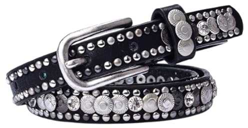 Damen Schmaler Ledergürtel Nietengürtel 2cm Breit Dünner Taillengürtel Mit Leuchtend Silbernen Floralen Rundnieten Für Jeans, Hosen Und Kleider