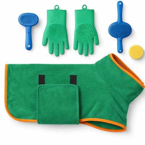 Grabix 5-Piece Dog Bathrobe Grooming Kit with Brushes & Glove – Green & Gray – XS to XL (Green, XL:)