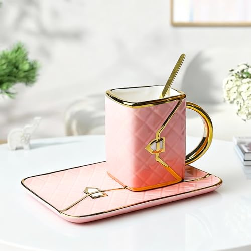 Tassen Untertassen Set, 310 ml Cappuccino Tassen mit Unterteller Löffel, Kaffeebecher Keramik Tasse, Handtasche Styling Kaffeetassen, Mochatasse Geschenk für Latte, Espresso, Mokka, Tee(Rosa)