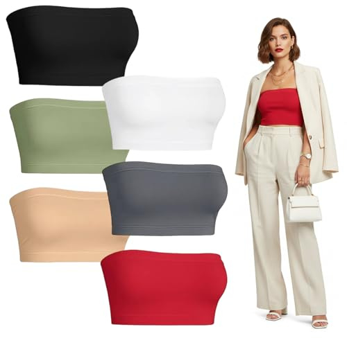 Tube Top, 6-Piece Set Tube Tops for Women, Summer Bandeau Basic Crop Strapless Tops for Beach Vacation Night Club and Daily Casual Wear, Multiple Colors