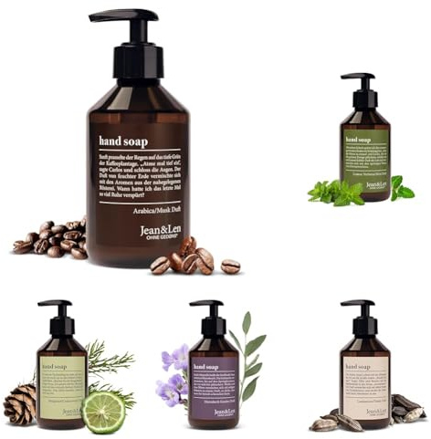 Jean & Len Handseife Pumpspender Duftset 5x250 ml: Arabica & Musk, Lemonverbena & Mint, Cardamom & Tonka, Marrakech Garden, Bergamot & Cedarwood, vegan, ohne Parabene, Silikone & Mikroplastik