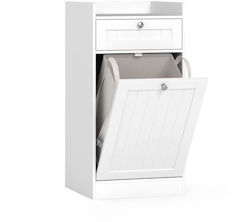 LIFEZEAL Armoire de Rangement avec Paniers à Linge, Armoire de Salle de Bain avec Sacs Amovibles et Tiroir, Meuble de Rangement Gain de Place pour Buanderie, Salle de Bain (Blanc, 40,5 x 40 x 80 cm)